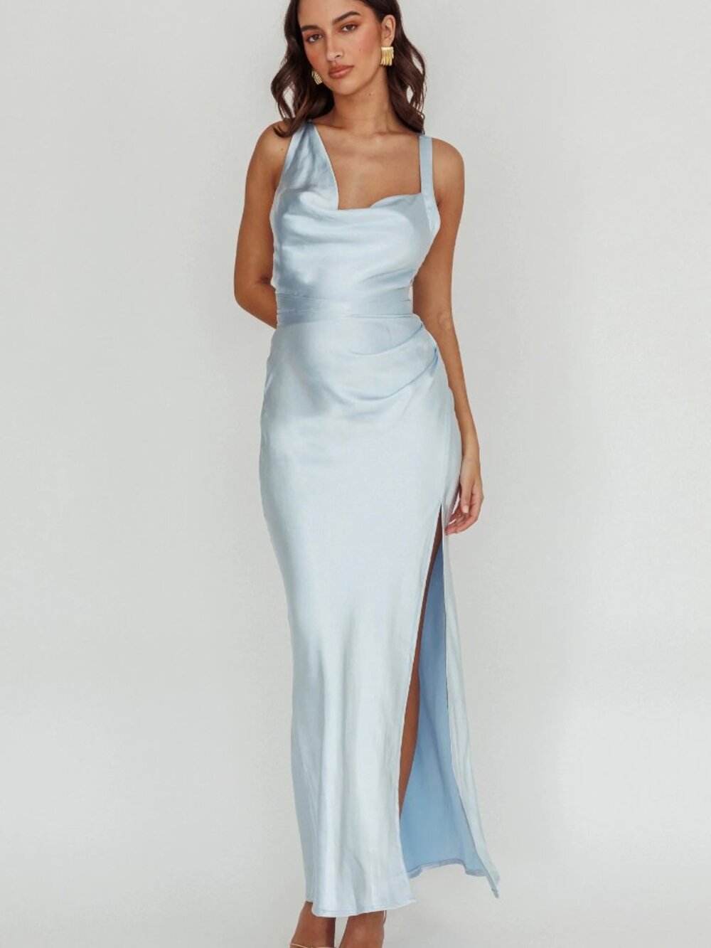 Selfie Leslie Light Blue Satin Maxi Dress with Side Slit